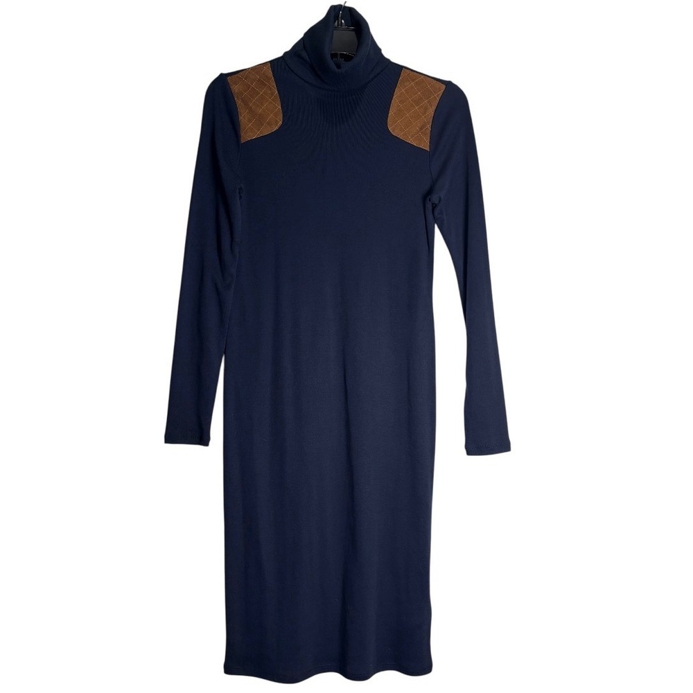 Lauren Ralph Lauren Turtleneck Dress Womens XS Navy Blue Suede Patch Knit